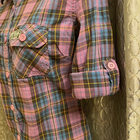 SOLD! SuperDry Co Purple & Blue Plaid Checkered Button Shirt w/Roll-Up Sleeves - Picture 7 of 11